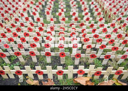 London, Großbritannien. November 2021. Westminster Abbey Field of Remembrance. Die in der Westminster Abbey gepflanzten Tributes tragen jeweils eine persönliche Botschaft an jemanden, der im Dienst des Landes ihr Leben verloren hat. (Foto von Thomas Krych/SOPA Images/Sipa USA) Quelle: SIPA USA/Alamy Live News Stockfoto