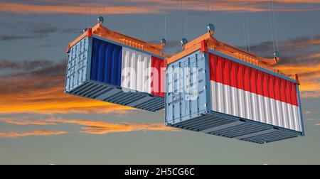 Frachtcontainer mit Nationalflagge Frankreichs und Indonesiens. 3D-Rendering Stockfoto
