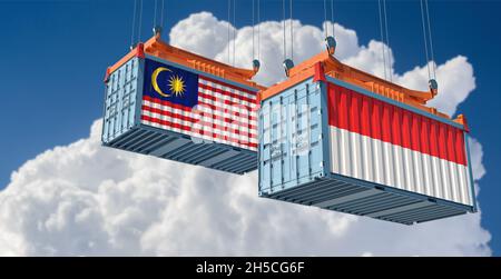 Frachtcontainer mit Malaysia und Indonesien Nationalflaggen. 3D-Rendering Stockfoto