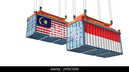 Frachtcontainer mit Malaysia und Indonesien Nationalflaggen. 3D-Rendering Stockfoto