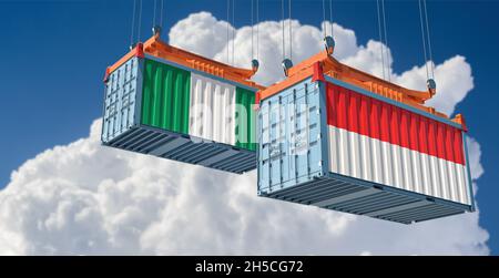 Frachtcontainer mit nigerianischer und indonesischer Nationalflagge. 3D-Rendering Stockfoto