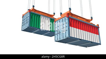 Frachtcontainer mit nigerianischer und indonesischer Nationalflagge. 3D-Rendering Stockfoto
