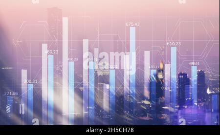 Universeller Hintergrund. Diagramme mit Zahlen auf dem Hintergrund der Stadt. Stockfoto