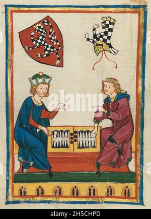 CODEX MANESSE eine deutsche Handschrift aus dem frühen bis mittleren 14. Jahrhundert, die Lieder enthält und das mittelalterliche Leben illustriert. Stockfoto