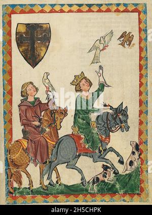 CODEX MANESSE eine deutsche Handschrift aus dem frühen bis mittleren 14. Jahrhundert, die Lieder enthält und das mittelalterliche Leben illustriert. Falknerei. Stockfoto