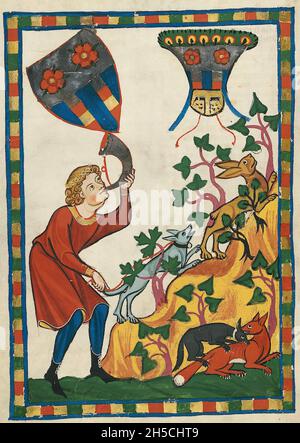 CODEX MANESSE eine deutsche Handschrift aus dem frühen bis mittleren 14. Jahrhundert, die Lieder enthält und das mittelalterliche Leben illustriert. Hasen jagen., Stockfoto