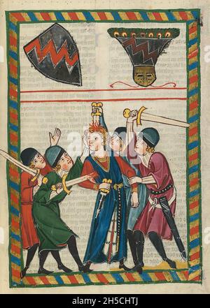 CODEX MANESSE eine deutsche Handschrift aus dem frühen bis mittleren 14. Jahrhundert, die Lieder enthält und das mittelalterliche Leben illustriert. Ein Attentat, Stockfoto