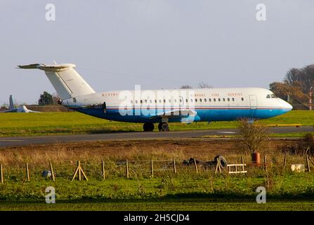 BAC One Eleven, BAC 1-11 Düsenflugzeug, das von der Feuerwehr des Londoner Southend Airport als Evakuierungstrainer eingesetzt wird. G-FIRE (eigentlich 5N-HHH) einmal von KABO Air Stockfoto