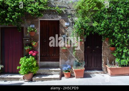 Alte Gebäude Fassade in der kleinen mittelalterlichen Stadt Pitigliano, Toskana, mit Gläsern und Blumen an den Wänden Stockfoto