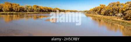 Herbstpanorama des Rio Grande River in Isleta, NM Stockfoto