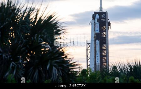 Cape Canaveral, Vereinigte Staaten von Amerika. 01. November 2021. Eine SpaceX Falcon 9-Rakete mit der Raumsonde Crew Dragon für die NASA SpaceX Crew-3-Mission zur Internationalen Raumstation setzt die Vorbereitungen für den Launch Complex 39A im Kennedy Space Center am 1. November 2021 in Cape Canaveral, Florida, fort. Die Crew der NASA-Astronauten Raja Chari, Tom Marshburn, Kayla Barron und Matthias Maurer, Astronaut der Europäischen Weltraumorganisation, wird voraussichtlich am 10. November starten. Quelle: Joel Kowsky/NASA/Alamy Live News Stockfoto