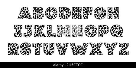 Tierschrift für Poster. Kuh Flecken schwarz und weiß. Holsteinrinder. Retro-Alphabet. Skins mit Vintage-Druck, bearbeitbar und in mehreren Schichten. Vektor Trendy Stock Vektor