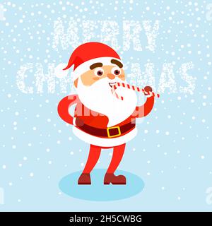 Glücklicher Mann trägt in Weihnachtsmann Kleidung mit Zuckerrohr auf Schnee Hintergrund Frohe Weihnachten Konzept. Vektor-Illustration im flachen Cartoon-Stil Stock Vektor