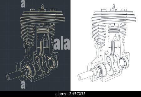 Stilisierte Vektordarstellung von Zeichnungen eines Zweitaktmotors Stock Vektor