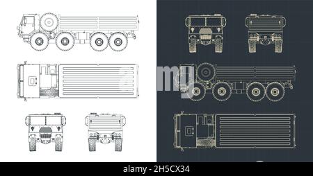 Stilisierte Vektor-Illustration von Blaupausen des militärischen Schwerlastwagens Stock Vektor