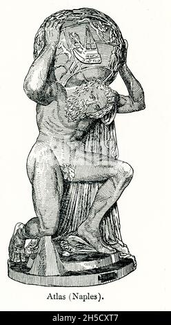 Atlas war der Titan-gott, der den Himmel hoch trug. Atlas war ein Führer der Titanen in ihrem Krieg gegen Zeus und nach ihrer Niederlage wurde er verurteilt, den Himmel auf seinen Schultern zu tragen, wie hier in dieser Statue, bekannt als der Farnese Atlas, eine römische Marmorskulptur aus dem 2. Jahrhundert n. Chr. von Atlas, die einen Himmelskugel hochhält, zu sehen ist. Wahrscheinlich eine Kopie eines früheren Werks aus der hellenistischen Zeit, es ist die älteste erhaltene Statue von Atlas. Die Skulptur befindet sich im Nationalen Archäologischen Museum von Neapel, in Italien. Stockfoto