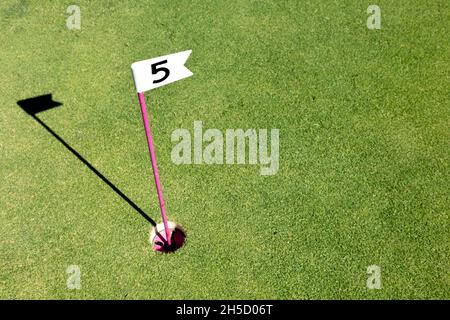 Loch mit kleiner Flagge am Minigolfplatz markiert. Nummernflagge auf einem Minigolfplatz Stockfoto