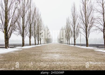 Aufnahme des Konzentrationslagers Dachau in Dachau, Deutschland. Es war das erste Nazi-Konzentrationslager Stockfoto