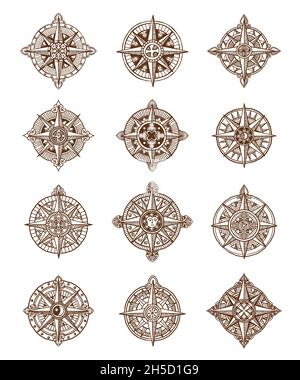Alte Seekompasse, antike mittelalterliche Kartenschilder. Vektor-Skizze Windrosen oder Sterne zeigen Richtung im Ozean. Handgezeichnete Kartographie-Elemente, nautica Stock Vektor