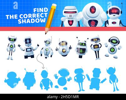 Finden Sie einen richtigen Roboterschatten. Kinder Spiel oder Puzzle-Vektor-Vorlage von Bildung Gedächtnis Rätsel, Labyrinth oder Test mit passenden Paar Aufgabe, verbinden Cartoon Rob Stock Vektor