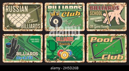Russischer Billardclub, Schule und Meisterschaft rostigen Metallplatte. Billard Ausrüstung Shop Retro Banner. Ball mit Krone, Queue auf den Fingern des Spielers und Stock Vektor