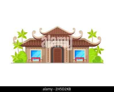 Vietnamesische Küche Restaurant Gebäude Ikone. Asiatische Food-Café oder Restaurant Cartoon Vektor-Fassade mit Hip und Giebel Dach, Sitzgelegenheiten im Freien und Palme tre Stock Vektor