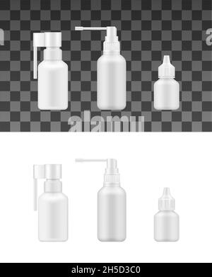 Nasenspray realistische Flaschen von Nasenmedikamenten, Vektor-Mockup von medizinischen Verpackungen. Weiße Kunststoffbehälter mit Sprühdüse, Pumpe und Rohrsprüher Stock Vektor