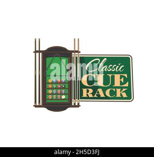 Pool cue Rack Vektor-Symbol des Billard Sport-Spiel. Billard- und Snooker-Kugeln, Queues oder Sticks und Dreieck in braunem Holzgestell mit Regalen und Halterungen Stock Vektor