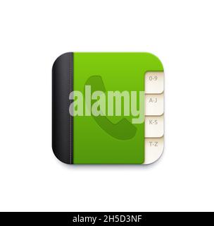 Telefonbuch-Vektor-Symbol der Kontakt-App-Taste. Isoliertes 3d-Notizbuch des Adressbuchs oder Telefonverzeichnisses mit Alphabet-Registerkarten, Ledereinband und Stock Vektor