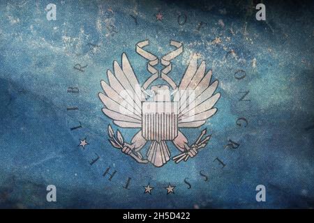 Minsk, Weißrussland - Mai, 2021: Draufsicht der Flagge der United States Library of Congress, kein Fahnenmast. Ebenendesign, Layout. Hintergrund markieren. Stockfoto