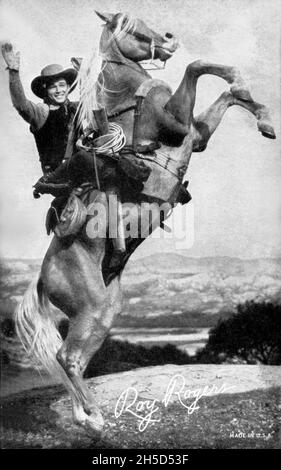 Cowboy-Star Roy Rogers und sein Pferd Trigger auf einer Sammelkarte dargestellt. Stockfoto