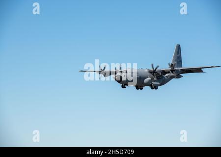 Ein Super Hercules-Flugzeug der Serie WC-130J, das der 53. Wetteraufklärungsschwadron der Orkandjäger auf der Keesler Air Force Base, Mississippi, zugewiesen wurde, bereitet sich auf die Landung nach einem Routine-Trainingsflug am 8. November 2021 vor. Die Einheit ist Teil des 403. Flügels der Air Force Reserve. (USA Foto der Luftwaffe von Staff Sgt. Kristen Pittman) Stockfoto