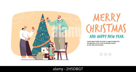 Familie in santa Hüte Dekoration weihnachtsbaum glückliches neues Jahr fröhliche weihnachtsfeiertage Konzept Stock Vektor
