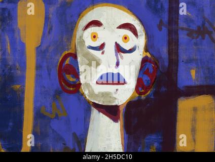 Aufregendes weißes geschocktes Porträt mit großem Mund und grunge blauem Hintergrund, Mix-Media auf Wand Konzeptkunst, grunge. Gruselige Acrylmalerei mit Sättigung Stockfoto