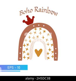 Skandinavischer Boho-Regenbogen mit roter Krone in einfachen, sanften Farben für die Einrichtung im Kinderzimmer. Isoliert auf weißem Hintergrund. Vektorgrafik. Stock Vektor