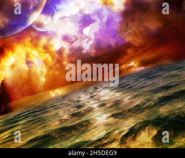 3D-Rendering eines abstrakten Fantasy-Planeten mit einem endlosen Ozean unter einem bunten Himmel und mehreren Sonnen Stockfoto