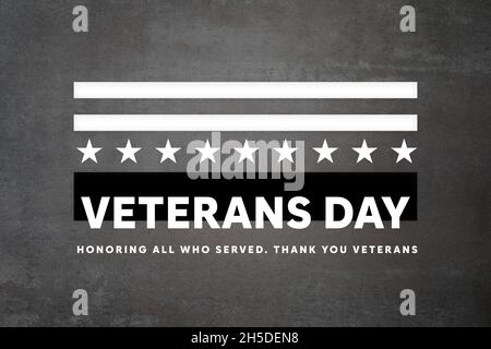 Veterans Day. Vielen Dank Veteranen für Ihren Dienst. Ehrt alle, die gedient haben. Amerikanische Flagge auf dem Rücken. Poster, Hintergrundbild, Hintergrund, Banner Stockfoto