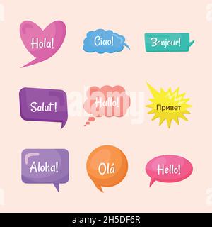 Neun globale Hello-Blasen Stock Vektor