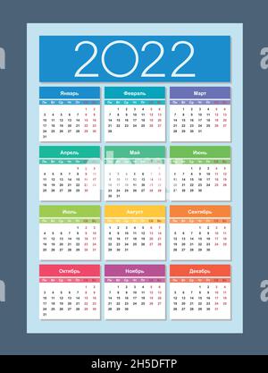 Kalender 2022. Russische Sprache. Design-Vorlage für vertikalen Kalender. Grundraster. Isolierte Vektordarstellung. Stock Vektor