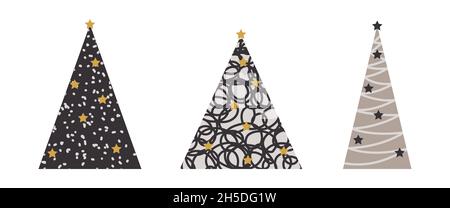 Sammlung von Weihnachtsbäumen für Dekorationen, Weihnachtsgeschenke, Winter gestrickte Wollkleidung, Muster. Weihnachtsbäume Symbol auf weißem Hintergrund isoliert gesetzt Stock Vektor