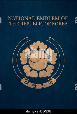 Mit Wappen Taegemuk und Rose von Sharon das wichtigste koreanische Symbol, und minimalistische Landkarte lebendige Farben und moderne Grafiken mit Vintage-Vibe. b Stockfoto