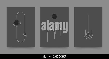 Abstrakte geometrische Formen im Stil der Mitte des Jahrhunderts. Bögen, schwarze Sonne und Komet. Boho Design für Wanddekoration, Poster, Print, Cover, Tapete Stock Vektor