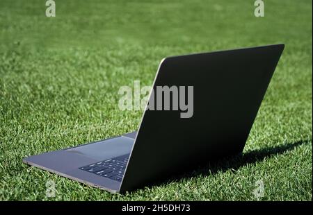 Laptop auf grünem Gras. Agiles Business. Fernlernkonzept. Immer online verfügbar. Arbeiten im Frischluftpark. Computer auf Rasen. Modern Stockfoto
