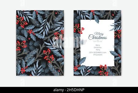 Set von Frohe Weihnachten Grußkarten, vertikale Banner, Flyer, Einladungen. Frohes neues Jahr, Happy Holidays Karten mit weihnachtsblüten und Winter Stock Vektor