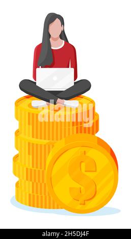 Frau sitzen auf Golden Coins Stack und verwenden Laptop. Stock Vektor