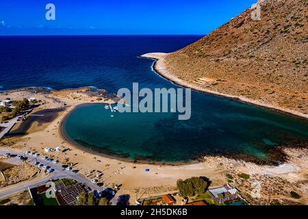 Stavros Beach auf Kreta aus der Luft | Luftansicht des Stavros Beach in Griechenland Stockfoto