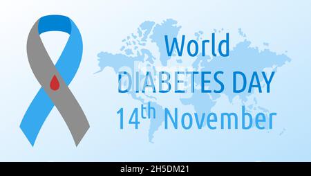 Weltdiabetestag. Vektorposter. Symbol Diabetes Bewusstsein Band mit Blutstropfen und Weltkarte. November 14. Stock Vektor
