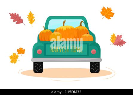 Erntewagen mit Kürbissen. Rückansicht. Beschriftung „Erntezeit“. Herbstkonzept. Thanksgiving. Vektorgrafik. Stock Vektor