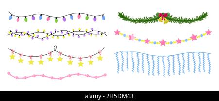 Weihnachtsgirlande gesetzt. Hängende Neujahrsdekorationen isoliert. Weihnachtslichter und Baumschmuck. Vector Girlande Kollektion. Stock Vektor