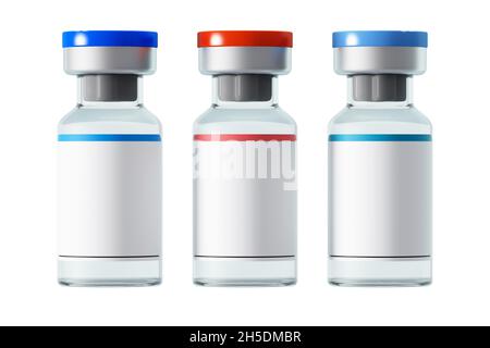 Drei mit Medikamenten gefüllte Ampullen mit mehrfarbigen Markierungen. Isoliert auf weißem Hintergrund. Das Konzept der Pharmakologie, Varkzination, Medizin. Speicherplatz kopieren. Stockfoto